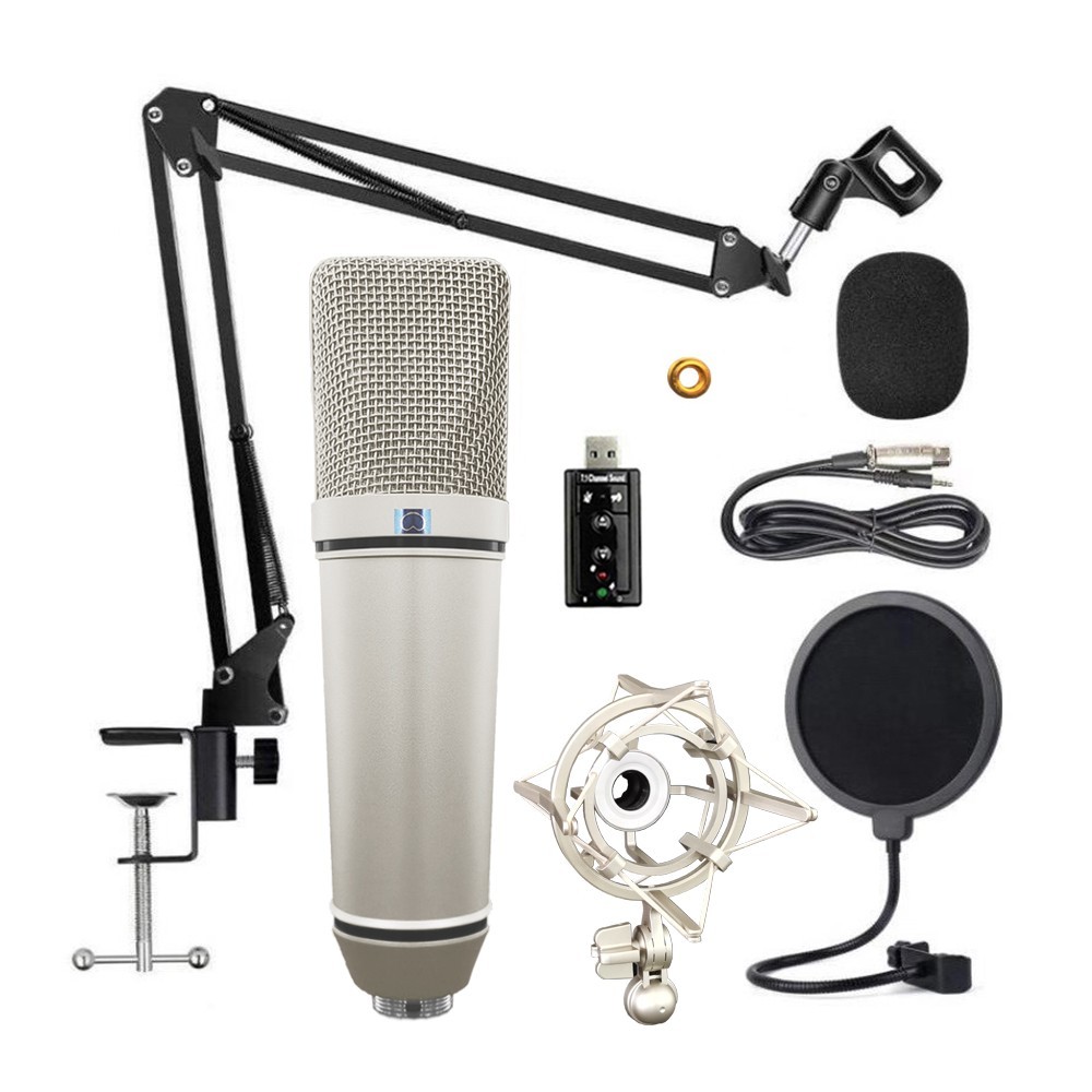 GAM-U87P Condenser Microphone Kit Large Diaphragm Cartridge with Shock Mount Filter Scissor Arm Stand